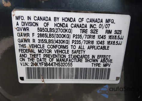 2007 Honda Pilot Ex z USA, uszkodzony, nr VIN 2HKYF18447H532055